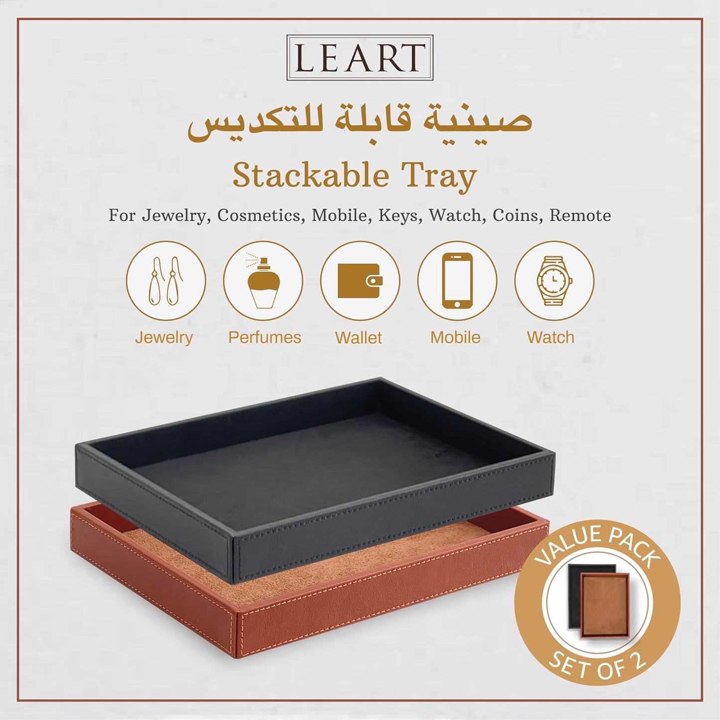 LEART Valet Tray for Men & Women – Leather Tray Organizer | Bedside, Nightstand, Office Desk Organizer Tray | Catchall Tray (Black)