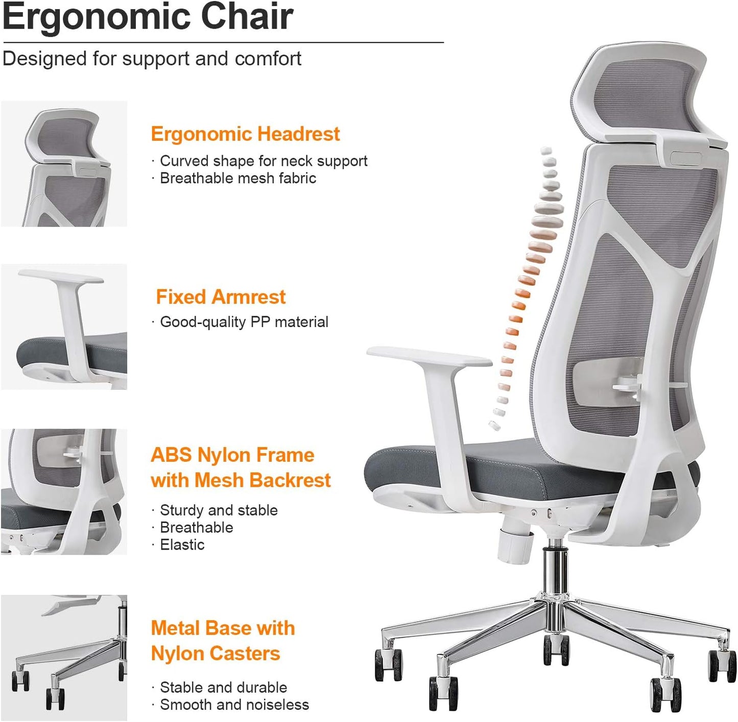 Daqian Home Executive Office Chair Ergonomic Computer Chair Wide Seat With Large Headrest, Modern Desk Chair Lumbar Support, Adjustable Armrests Mesh Chair