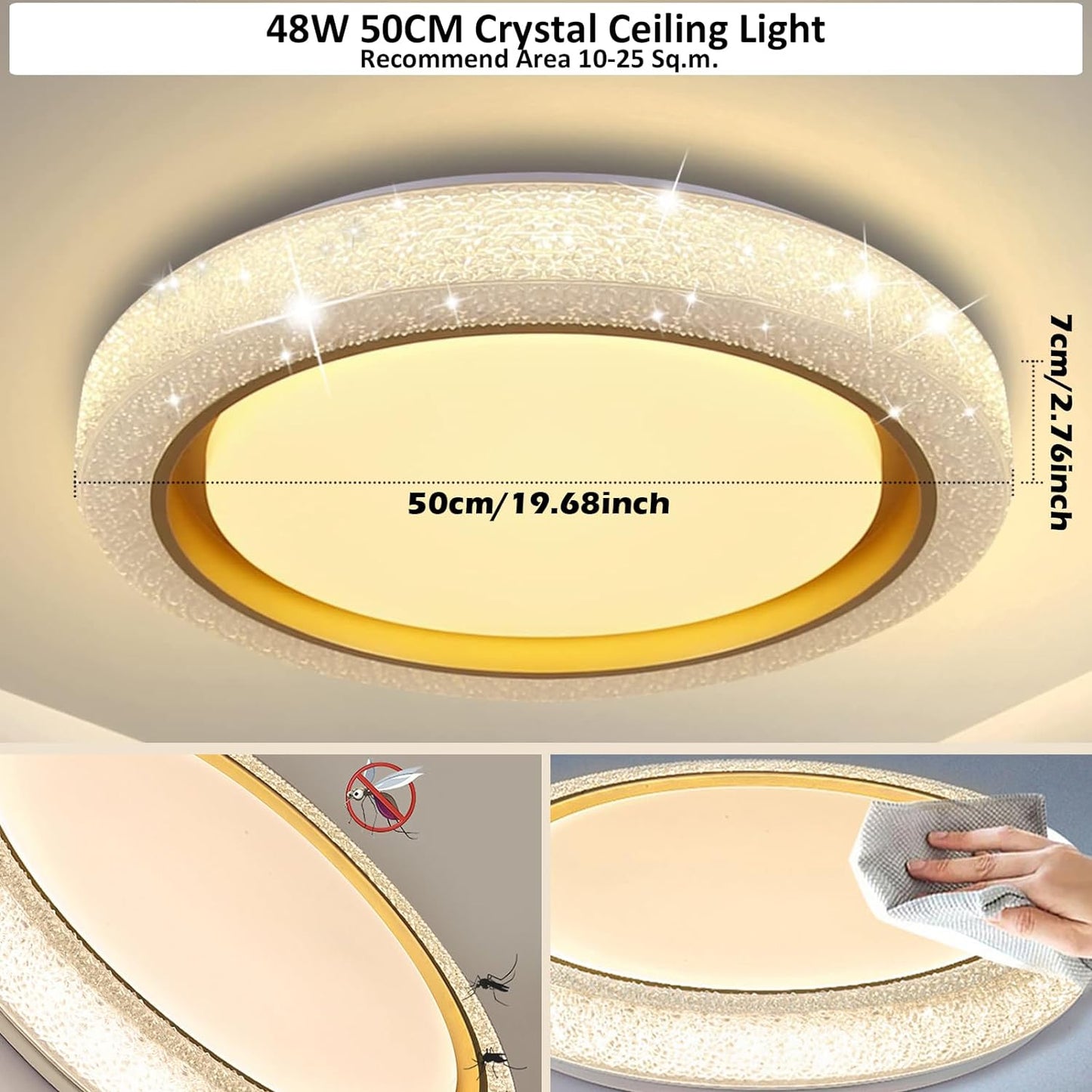 LED Ceiling Light with Remote,48W 19.7'' Warm Neutral White Colors Dimmable Crystal Gold Flush Mount Lighting Fixture for Living Room Bedroom Dining Room