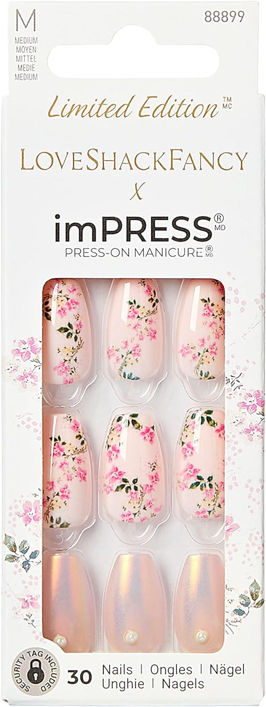 KISS LoveShackFancy x imPRESS Press-On Manicure Limited Edition, Style "Rosie Peach Sky" Medium Coffin Pink Press-On Nails, Includes Prep Pad, Mini Nail File, Cuticle Stick, & 30 Fake Nails