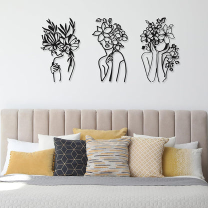 3 Pcs Metal Wall Art Decor Minimalist Abstract Woman Wall Art metal Modern Line Drawing Wall Art Decor Female Single Line Wall Home Hanging for Bedroom Kitchen Bathroom Living Room(Black, Modern)