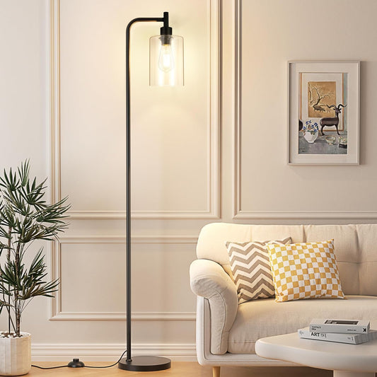 Industrial Floor Lamp, Modern LED Standing Lamps with Hanging Clear Glass Shade, Classic Reading Tall Pole Floor Lamps for Living Room Bedroom Office Study Room Reading