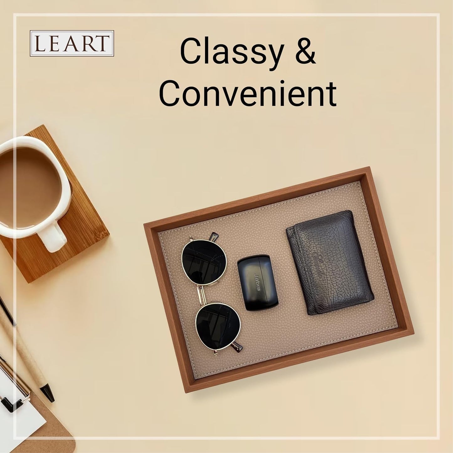 LEART Valet Tray for Men & Women – Leather Tray Organizer | Bedside, Nightstand, Office Desk Organizer Tray | Catchall Tray (Black)