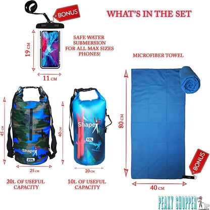 Waterproof Marine Dry Bag Backpack PVC 500 Tarpaulin 20L with pocket & 10L Shoulder Strap Roll Top Floating Dry Sack Boating Swimming with Towel & Phone Case (10, Light Blue, 1)