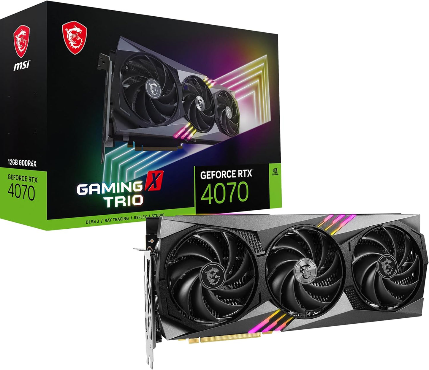 MSI GeForce RTX 4070 GAMING X TRIO 12G Graphics Card - RTX 4070 GPU, 12GB GDDR6X (21Gbps/192-bit), PCIe 4.0 - TRI FROZR 3 (3 x TORX Fan 5.0), RGB - HDMI 2.1, DisplayPort 1.4a