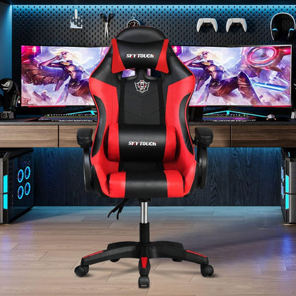 SKY-TOUCH Gaming Chair，Adjustable Computer Chair Pc Office Pu Leather High Back, Ergonomic design Lumbar Support,Comfortable Armrest Headrest，Red