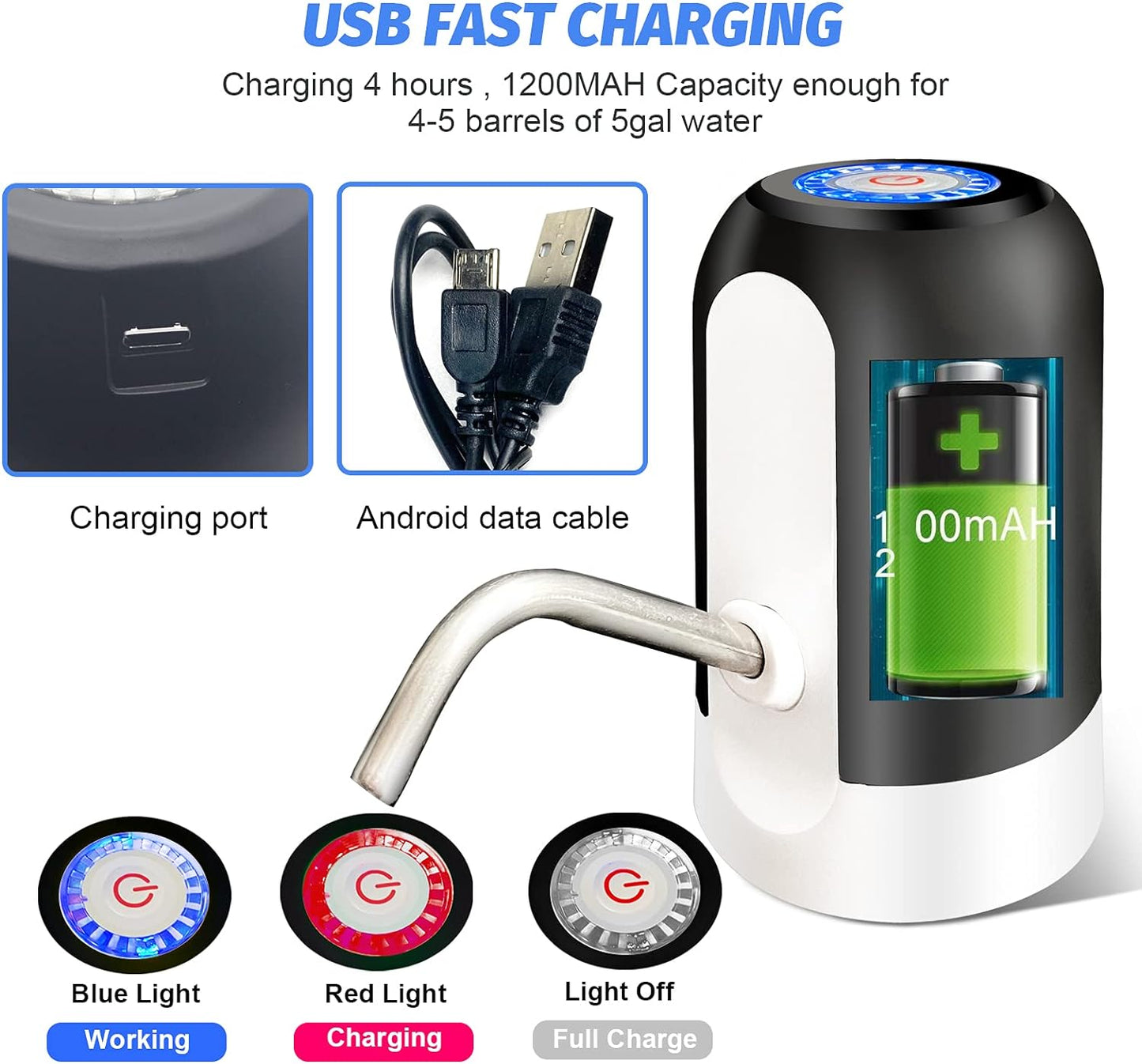 SKY-TOUCH 5 Gallon Water Bottle Pump, USB Charging Portable Electric Water Pump for for for 2-5 Gallon Jugs USB Charging Portable Water Dispenser for Office, Home, Camping, Kitchen and etc. White