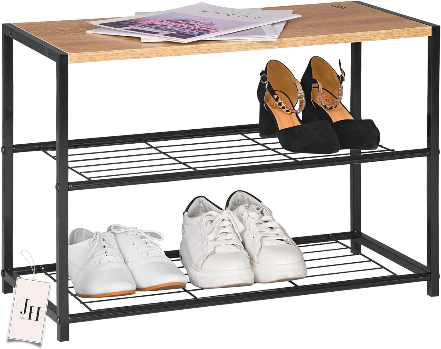 JHeart 3-Tier Shoe Rack Organizer, Compact Shoe Storage for Entryway, Iron Shoe Shelf with 2 Metal Mesh Shelves and Polished Wood Uppermost Rack, Space-Saving Design for Home Dorm Closet (59x30x43cm)