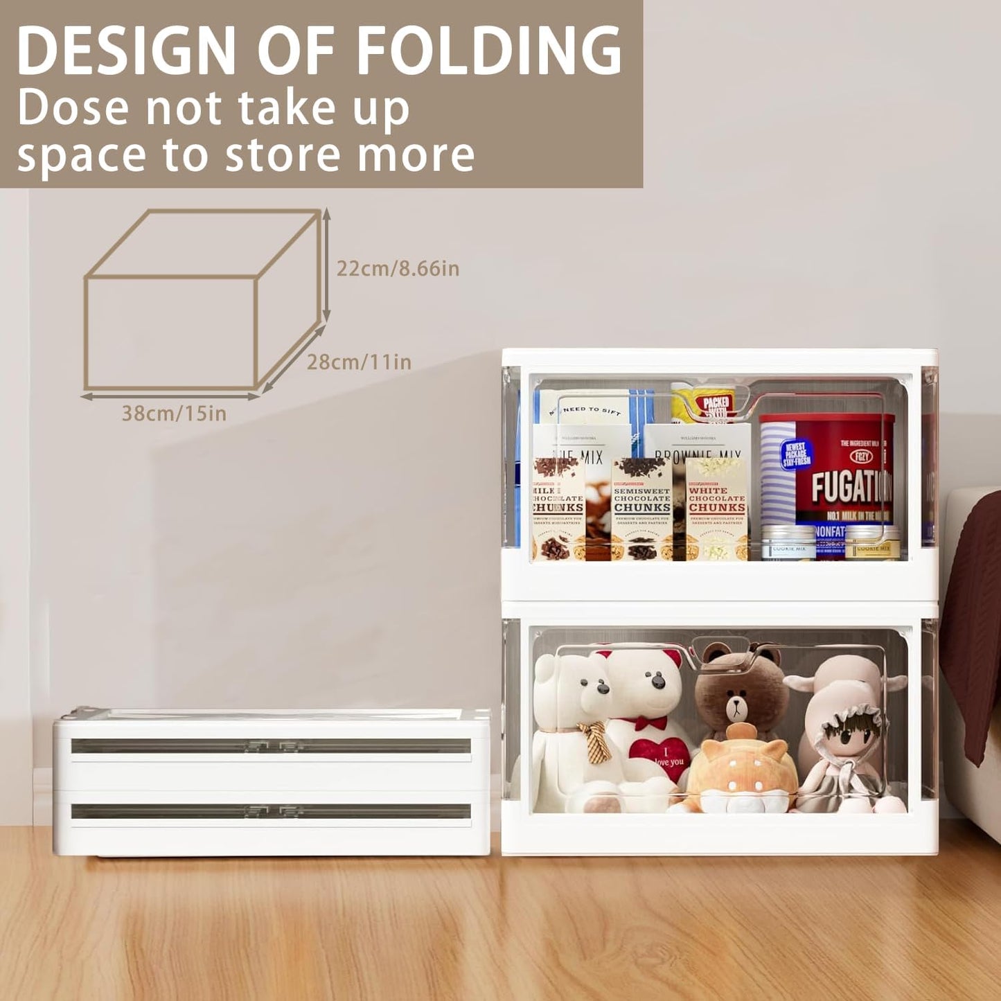 Clear Storage Bin with Lid 3 Pack 【Stackable & Sturdy】Plastic Multifunctional Folding Storage Bins for Bedroom, Living Room, Study, Toy Room,Folding Box with Magnetic door