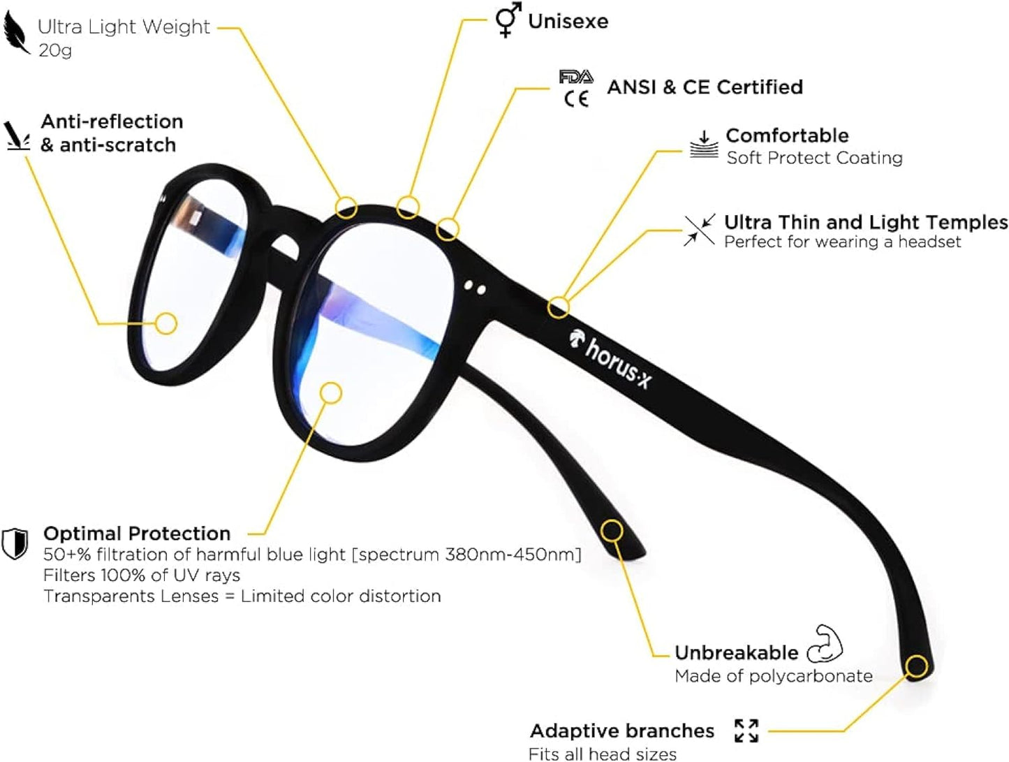 HORUS X • Blue Light Blocking Glasses - Gaming and Sunglasses - Anti-Fatigue & Eyestrain for Screens - Esport - Men and Women