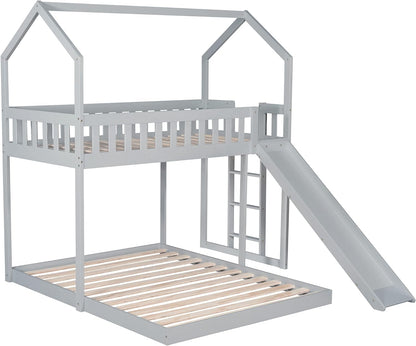 GLORHOME Loft Twin House Bunk Bed， Detachable to Floor Bedframe and A Loftbed, with Slide, Built-in Ladder,Full-Length Guardrail for Kids Adults,Roof can be Decorated, Gray