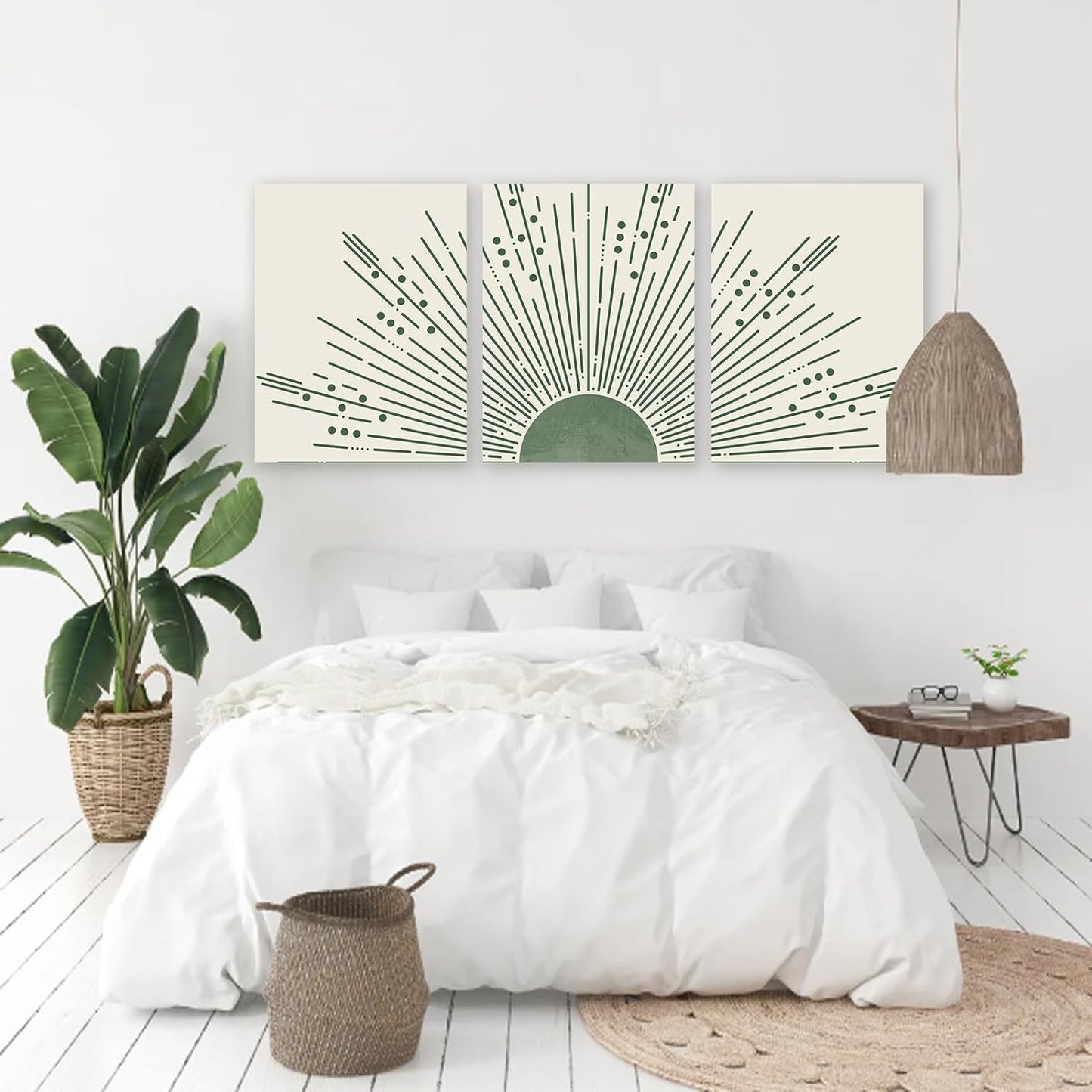 KBKBART Sage Green Boho Wall Art Set of 3, Minimalist Framed Geometric Line Leaf Sun Moon Beige Canvas Artwork Paintings, Abstract Botanical Room Decor, Posters & Prints