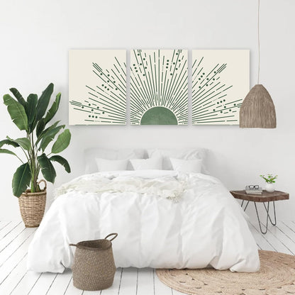 KBKBART Sage Green Boho Wall Art Set of 3, Minimalist Framed Geometric Line Leaf Sun Moon Beige Canvas Artwork Paintings, Abstract Botanical Room Decor, Posters & Prints