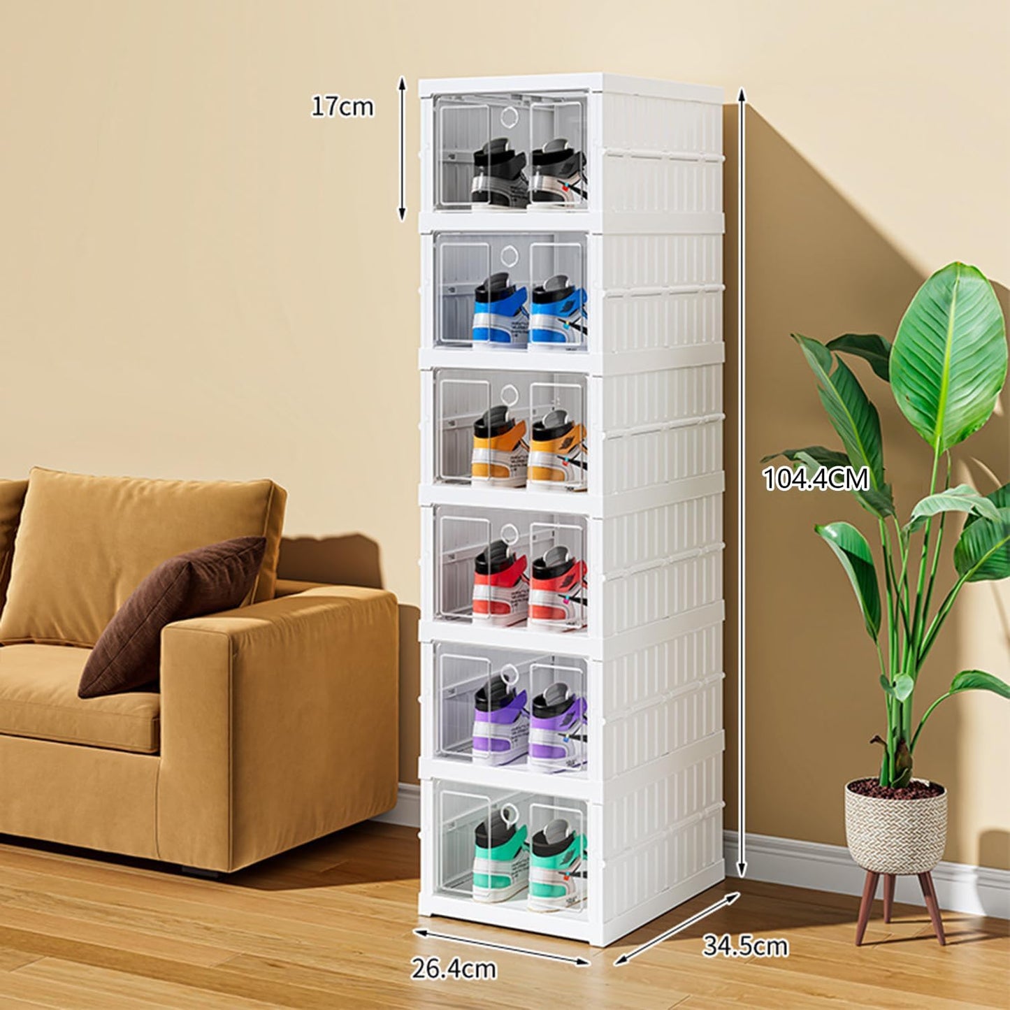 BEROZA 6 pcs Shoe box, installation-free foldable shoe storage box, plastic shoe cabinet container with transparent door for displaying sneakers, easy to assemble