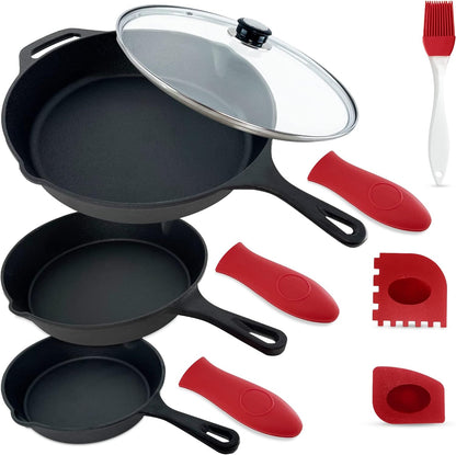 Empire Cast Iron Skillet Set of 3 pcs, Best Heavy-Duty Cast Iron Pan, Pre-Seasoned Non Stick Frying Pans- 11.8”, 10.2” & 7.8” with Silicone Handles, Oil Brush & Scrapper, Black Cast Iron Cookware