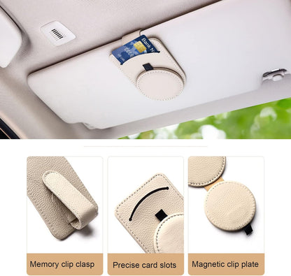 Sunglasses Holder for Car Sun Visor - 2 PCS Car Glasses Holder with Card Clip, Magnetic Leather Eyeglass Hanger Universal Car Visor Accessories Magnetic Glasses Mount Holder(Beige)…