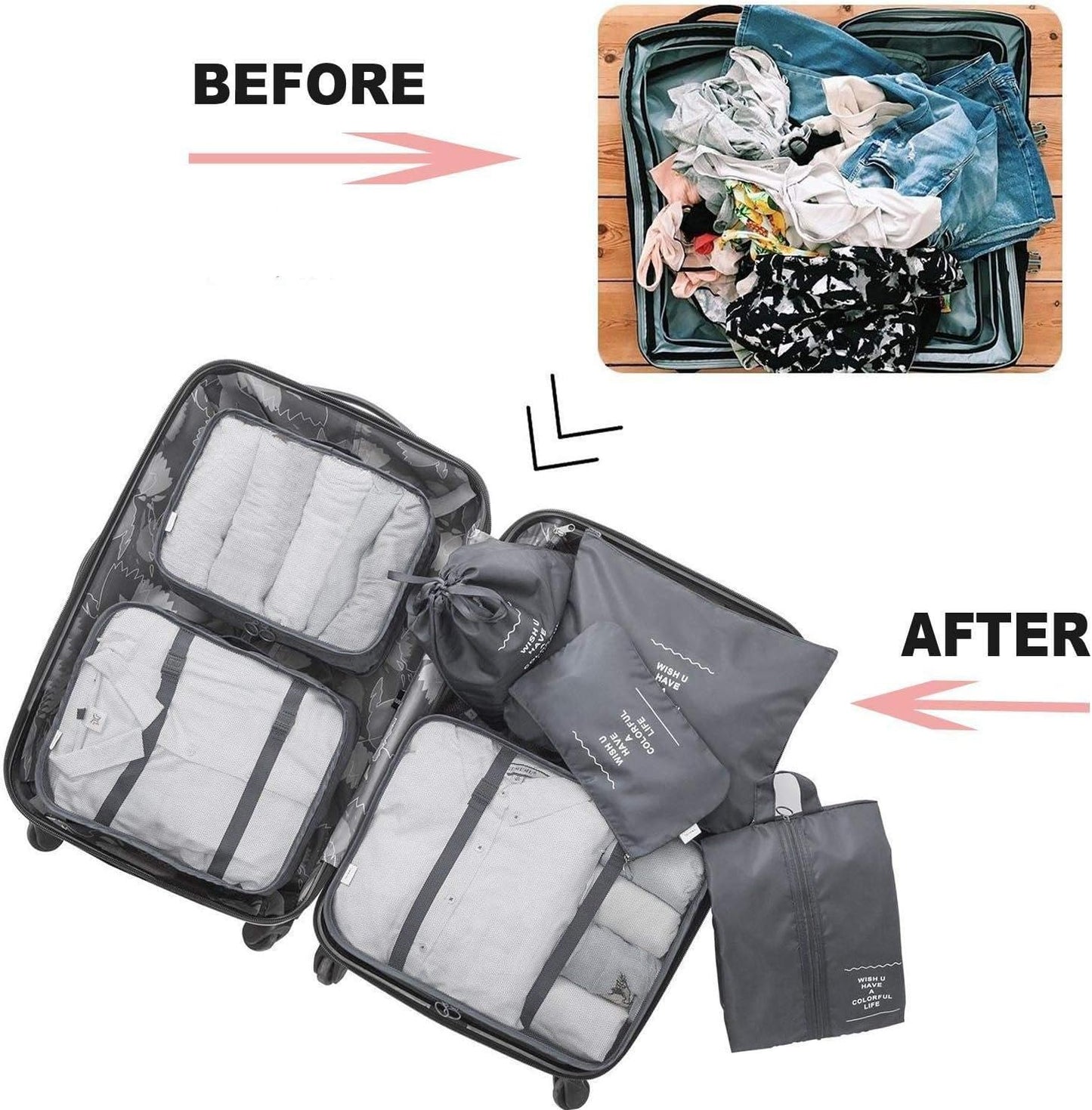 AISONBO 7Pcs SET Travel Luggage Organizer Packing Cubes Set Storage Bag Waterproof Laundry Bag Traveling Accessories