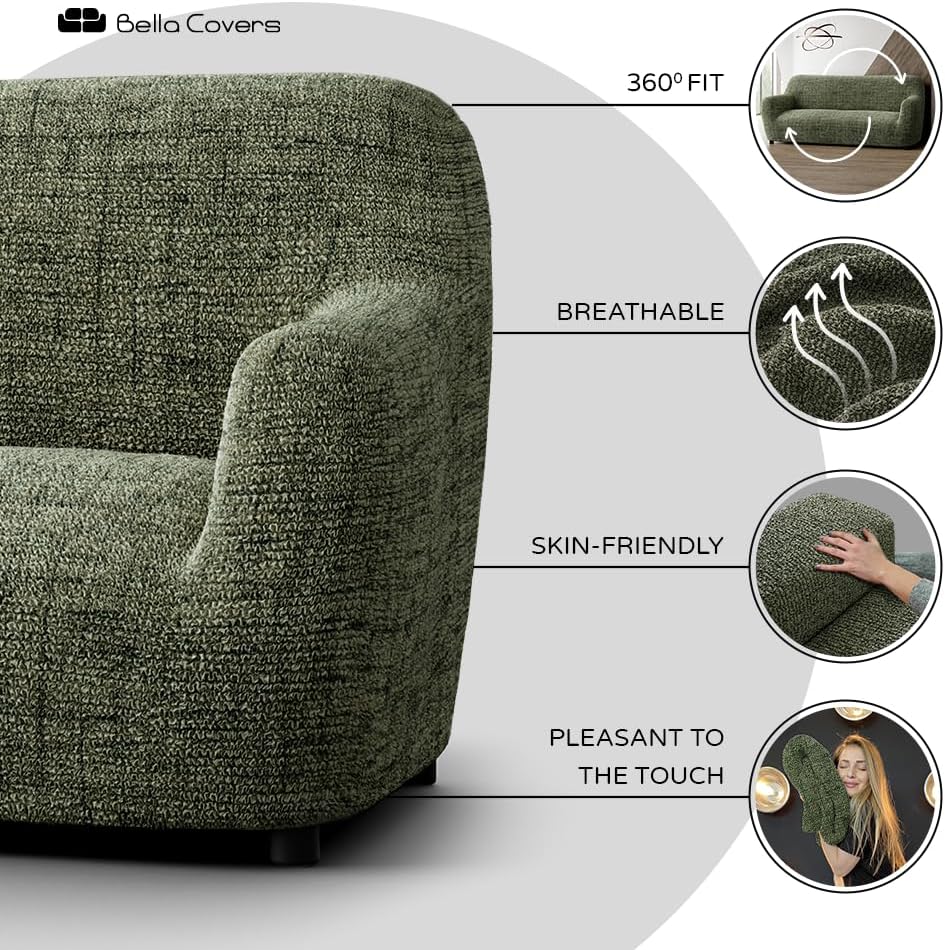 PAULATO BY GA.I.CO. Loveseat Slipcover - Stretch Couch Cover - Cushion Love Seat Sofa Cover - Soft Polyester Fabric Slip Cover - 1-Piece Form Fit Washable Protector - Microfibra - Vittoria Green