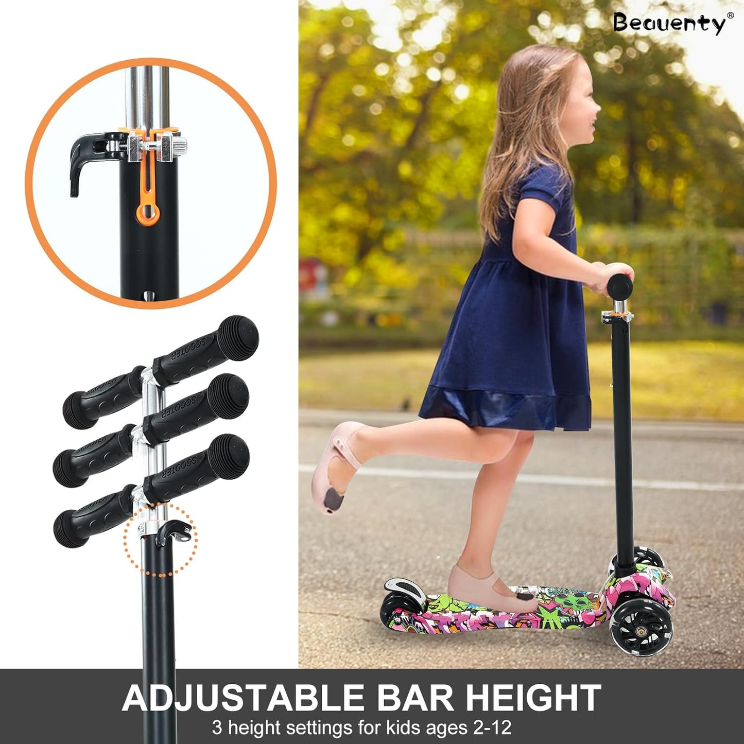 Beauenty 3 Wheel Kids Scooter, Flashing Wheels Scooter for Kids, 4 Height Adjustable Kids Toys for Age 3-13 Years Old Boys Girls, Easy Folding for Carrying Outdoor