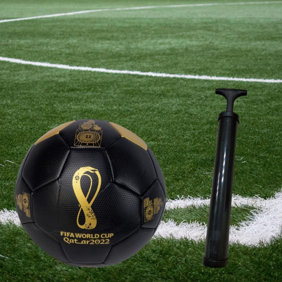 FIFA World Cup Football with Inflatable Pump, Pro Football Size 5, Excellent Bounce and Shape Retention,Official Match Professional High Grade PU Leather Black & Gold