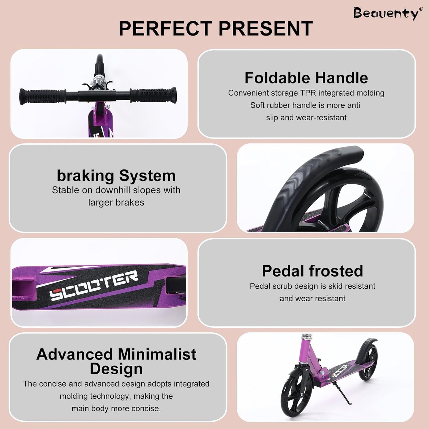 Beauenty Kick Scooter for Kids, Teens, Adult Riders Up to 150KG, 2-Wheel Scooter Foldable to Carry