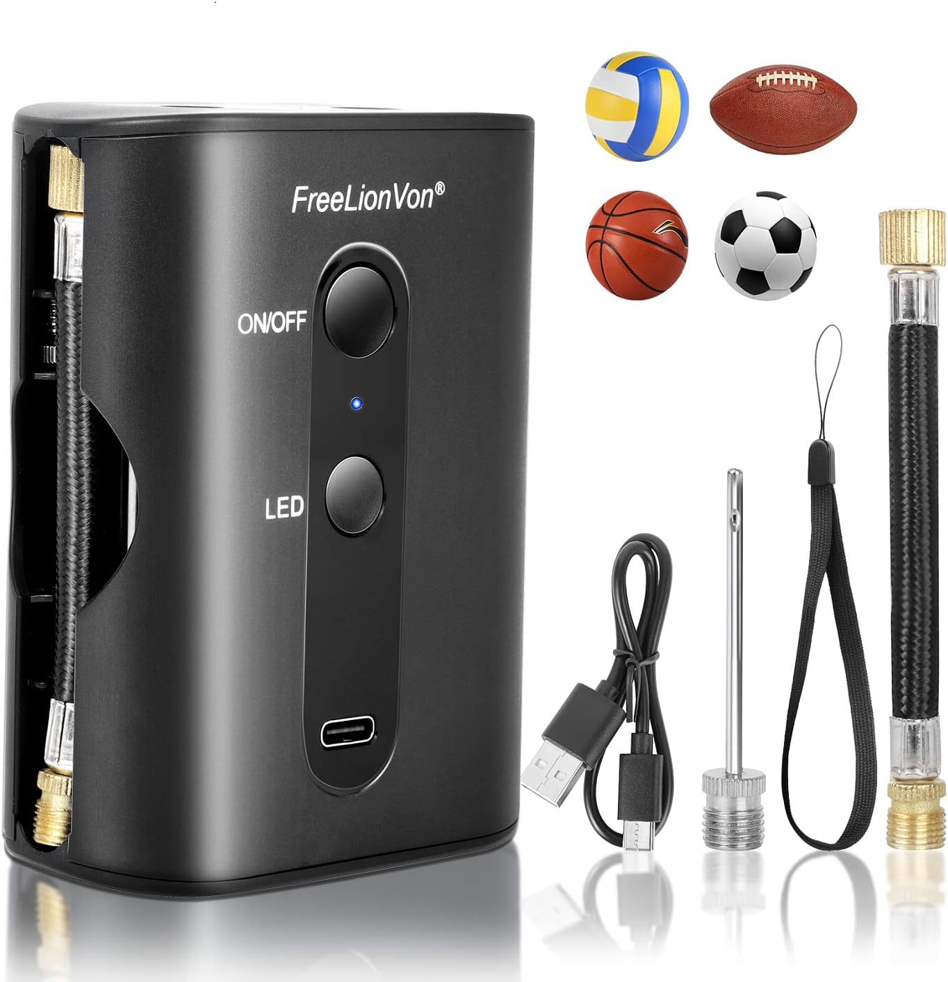 FreeLionVon Electric Ball Pump,Smart Air Pump Portable Fast Ball Inflation Automatic Electric Fast Ball Pump（2 Needle and 1 Nozzle for Soccer, Basketball, Volleyball, Rugby and Swimming laps.