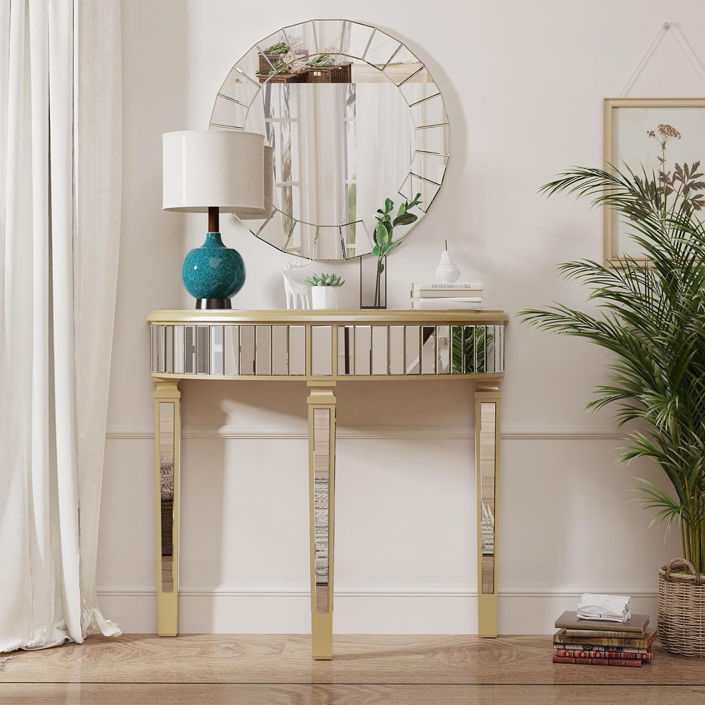 Wisfor Half Moon Mirrored Console Table: 90x35x80.5cm Semi-Circle Mirrored Entryway Table Modern Curved Sofa Side Table and Sturdy Square Column Legs for Porch, Living Room, Bedroom