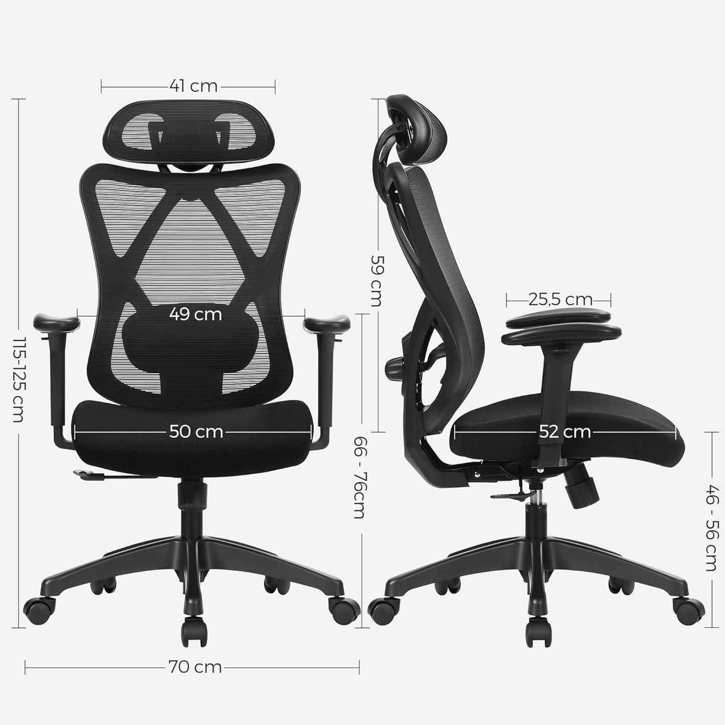 SONGMICS Office Chair, Ergonomic Desk Chair, Computer Chair, Mesh Chair, Adjustable Lumbar Support and Headrest, 150 kg, Height-Adjustable, Black OBN063B01