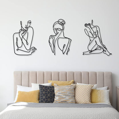 3 Pcs Metal Wall Art Decor Minimalist Abstract Woman Wall Art metal Modern Line Drawing Wall Art Decor Female Single Line Wall Home Hanging for Bedroom Kitchen Bathroom Living Room(Black, Modern)