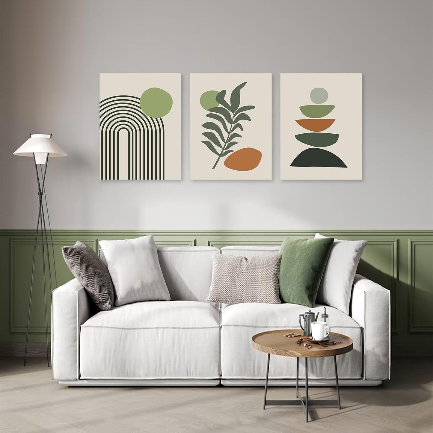 KBKBART Sage Green Boho Wall Art Set of 3, Minimalist Framed Geometric Line Leaf Sun Moon Beige Canvas Artwork Paintings, Abstract Botanical Room Decor, Posters & Prints