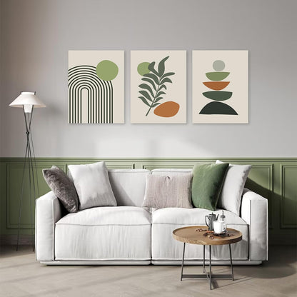 KBKBART Sage Green Boho Wall Art Set of 3, Minimalist Framed Geometric Line Leaf Sun Moon Beige Canvas Artwork Paintings, Abstract Botanical Room Decor, Posters & Prints