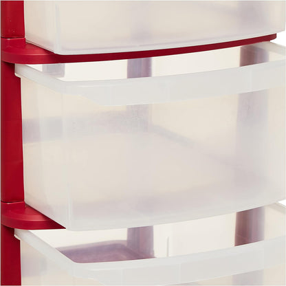 Cosmoplast 3 Tiers Multipurpose Storage Cabinet With Wheels, Dark Red With Translucent Drawers