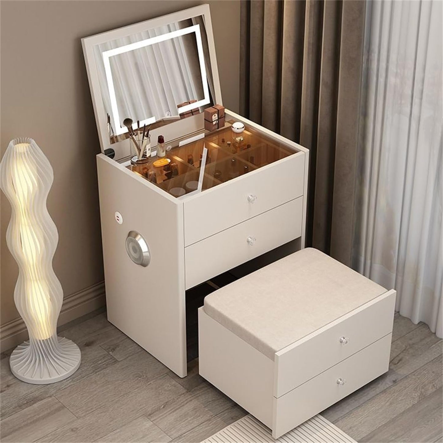 Dressing Table Smart Modern Compact Vanity Table with Mirror in 3 modes LED Light and Folding Bench 4 Drawers Storage Bluetooth Speaker, USB Ports, Make up Vanity for Bedroom Gift Girls Women 50 cm