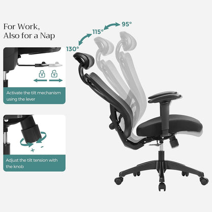 SONGMICS Office Chair, Ergonomic Desk Chair, Computer Chair, Mesh Chair, Adjustable Lumbar Support and Headrest, 150 kg, Height-Adjustable, Black OBN063B01