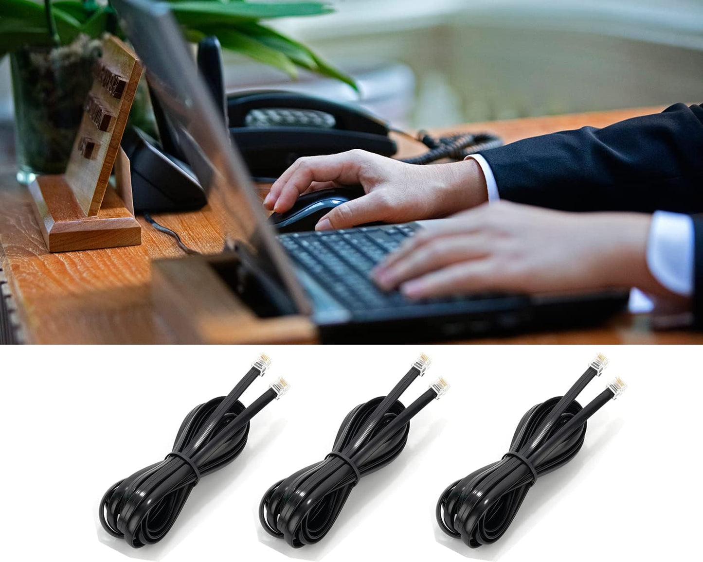 Seefeful (3 Pack) RJ12 Cable Phone Cord RJ12 6P6C Male to Male Straight Wired for Both Data and Voice Use Black - 10 Feet