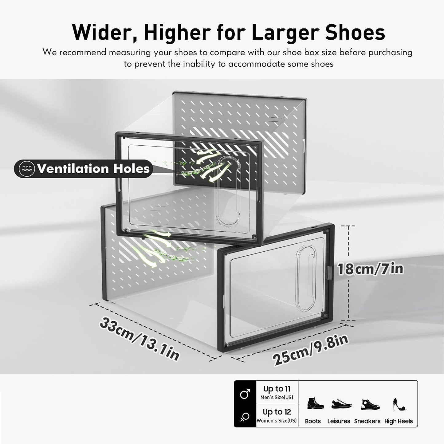 Large 12-Pack Shoe Storage Box, Height 18cm Shoe Boxes Good for Boot&High Heels- Clear Plastic Stackable Shoe Organizer (XXL-18cm Height)