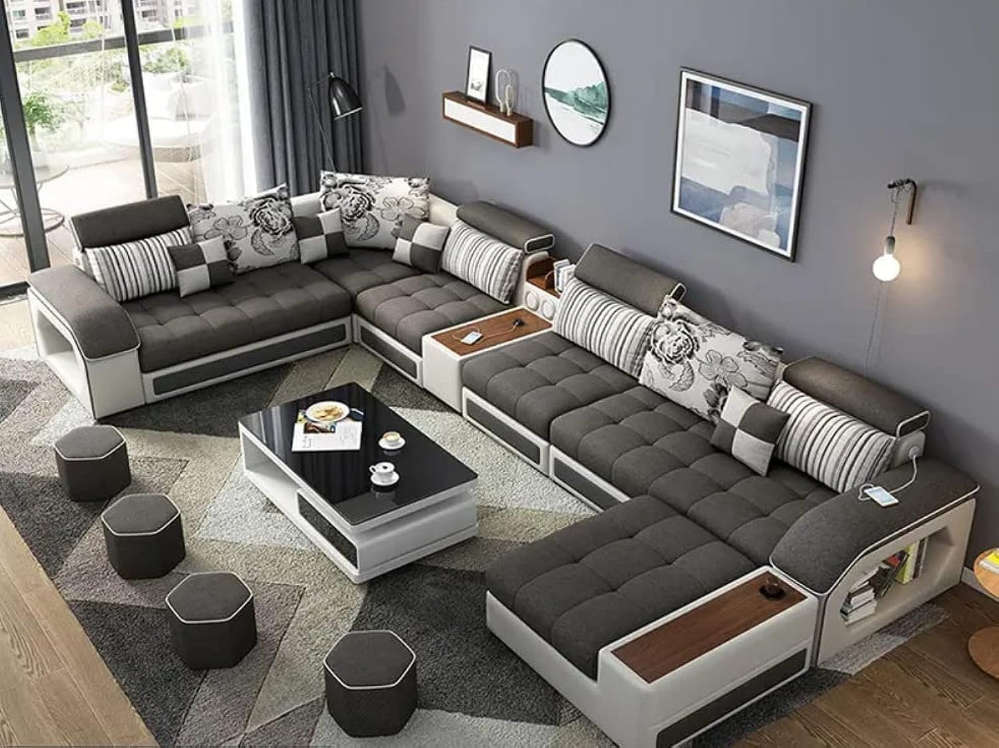 Living room furniture sofa set modern couch, lounge suite luxury sofa set design modern sofa living room furniture (White+Brown)