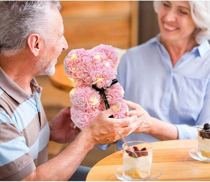 Rose Bear, Hand Made Rose Teddy Bear Flowers, Rose Bear with Lights, Best Gift for Valentines Day, Anniversary, Mothers Day, Birthdays, Including Transparent Gift Box and Love Card (Pink)