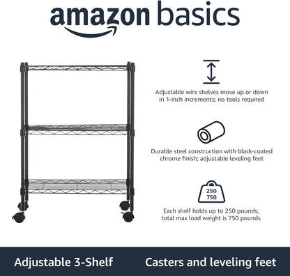 Amazon Basics 3-Shelf Adjustable, Heavy Duty Storage Shelving Unit on 10 cm Wheel Casters, Metal Organizer Wire Rack, Black, 34.03 L x 58.92 W x 76.2 H centimeters