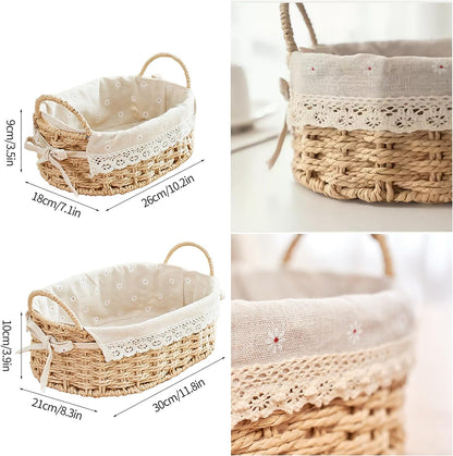 2-Pack Rectangle Woven Home Storage Baskets with Washable Liner, Paper Rope Storage Baskets Straw Rattan Basket for Organizing with Handle, Cosmetic Storage Box (Rectangle)