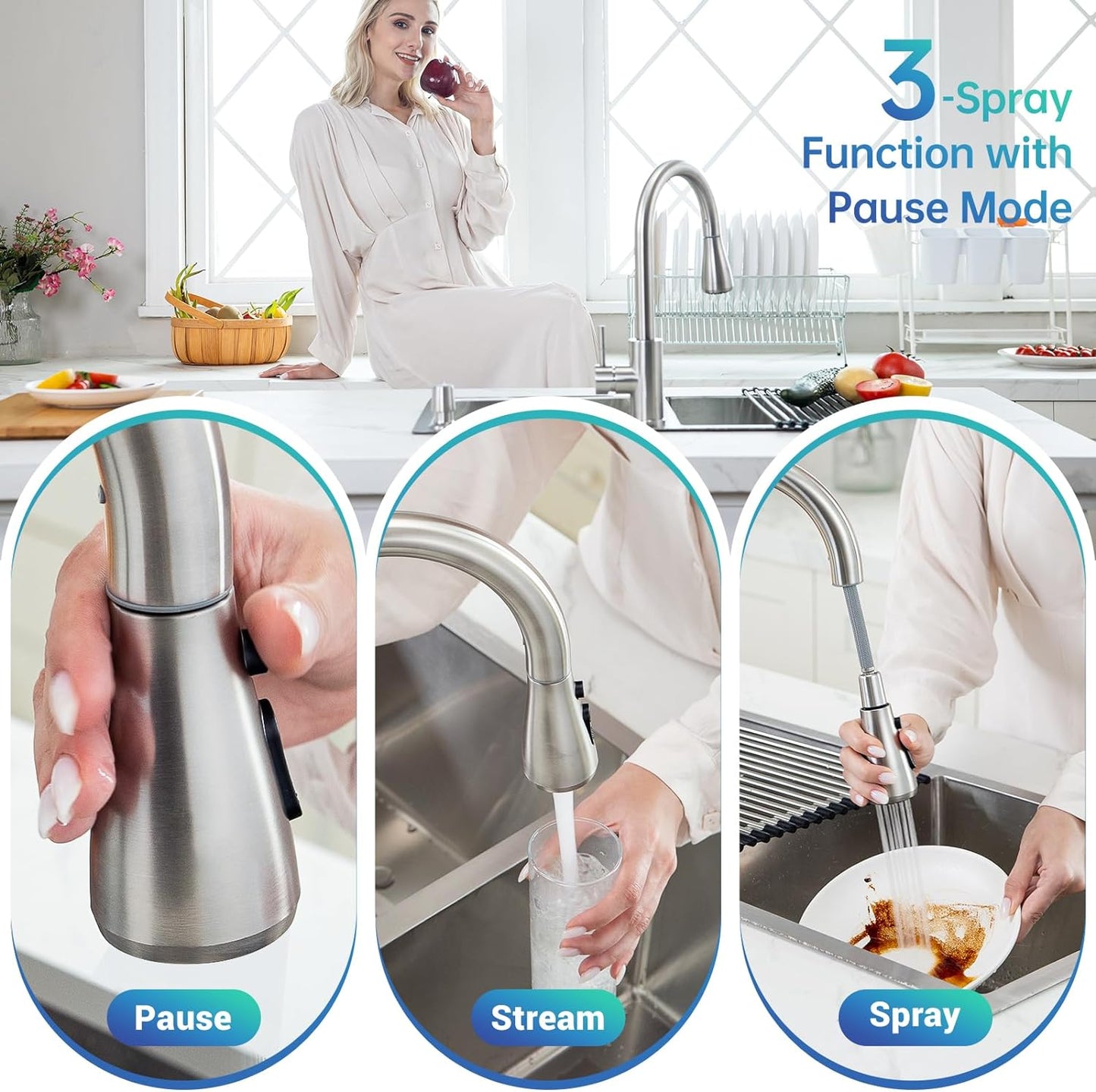 APPASO Kitchen Faucet with Pull Down Sprayer - Single Handle One Hole High Arc Pull Out Kitchen Sink Faucets with Deck Plate, Brushed Nickel, APS220BN