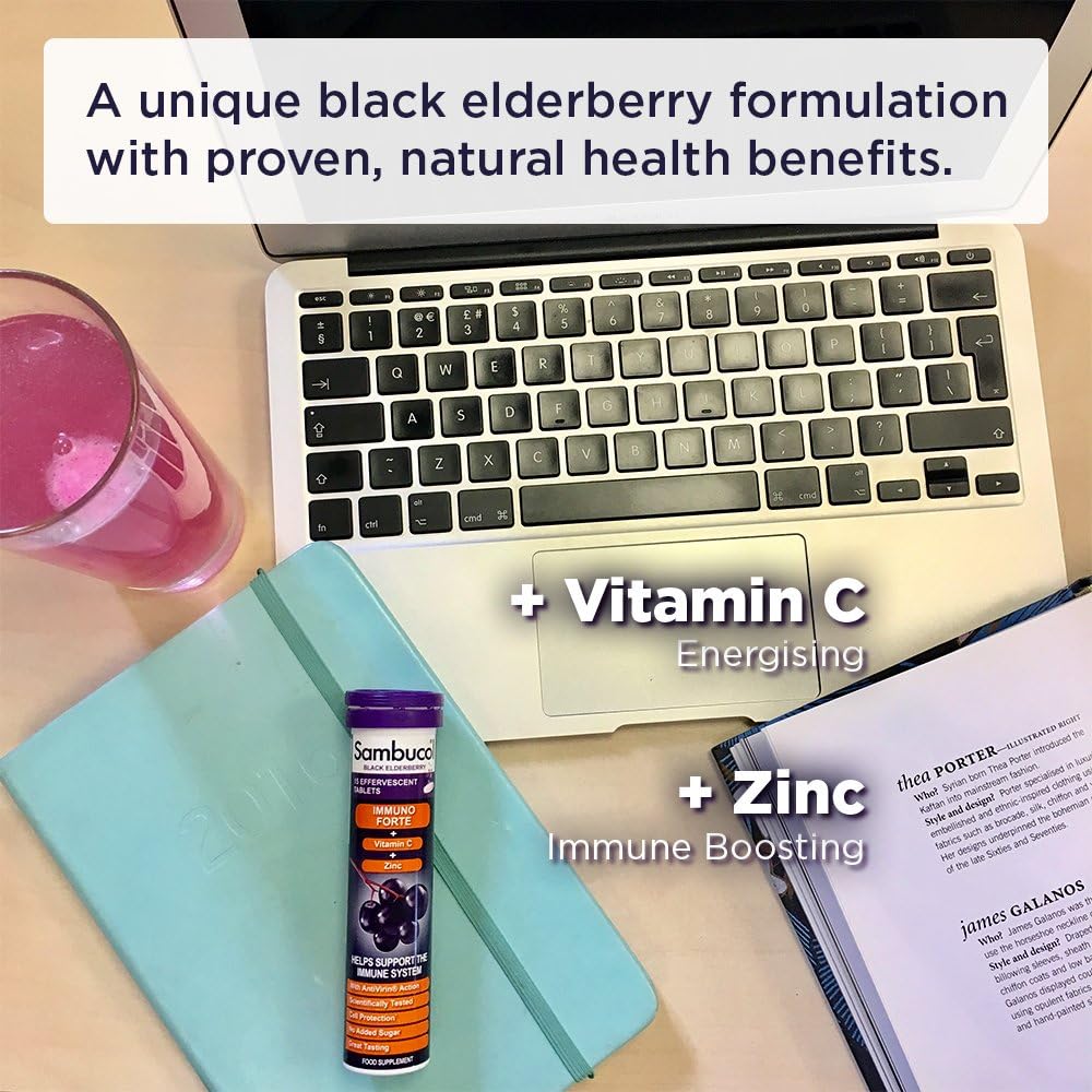 Sambucol Natural Black Elderberry Immuno Forte Effervescent Tablets, Vitamin C, Zinc, Immune System Booster, 15 Tablets