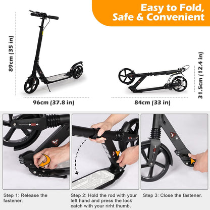 Adult Kick Scooter with Disc Handbrake, Foldable Adjustable Urban Scooter with Dual Suspension, 200mm Big Wheels for Kids Adults and Teens