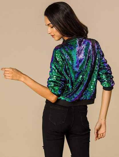 Allegra K Women's Halloween Sequin Sparkle Long Sleeve Zipper Bomber Jacket