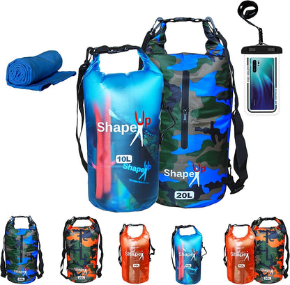 Waterproof Marine Dry Bag Backpack PVC 500 Tarpaulin 20L with pocket & 10L Shoulder Strap Roll Top Floating Dry Sack Boating Swimming with Towel & Phone Case (10, Light Blue, 1)