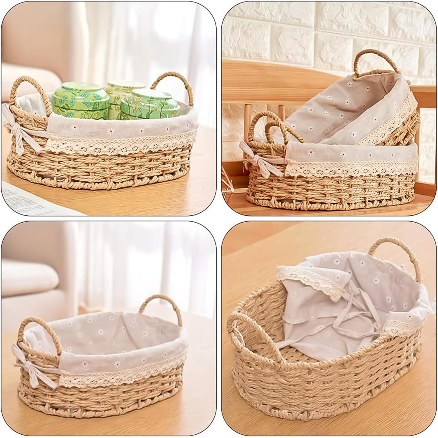 2-Pack Rectangle Woven Home Storage Baskets with Washable Liner, Paper Rope Storage Baskets Straw Rattan Basket for Organizing with Handle, Cosmetic Storage Box (Rectangle)