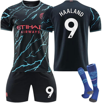 VUCATIN Haaland Football Jersey for Kids Set, Manchester City #9 Haaland Kids Football Jersey 2023/2024 New Season Manchester Away Kids Socks Football Shorts Kit Gift Set