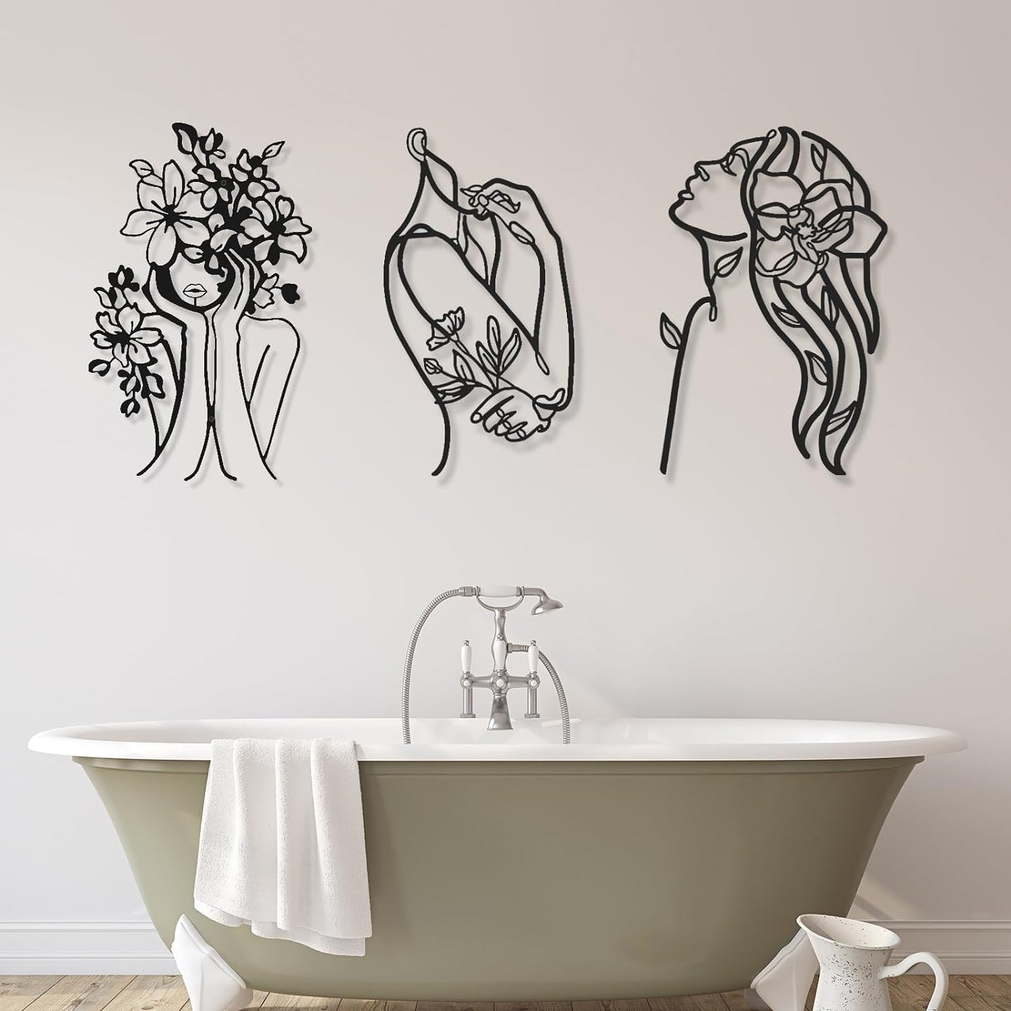 3 Pcs Metal Wall Art Decor Minimalist Abstract Woman Wall Art metal Modern Line Drawing Wall Art Decor Female Single Line Wall Home Hanging for Bedroom Kitchen Bathroom Living Room(Black, Modern)