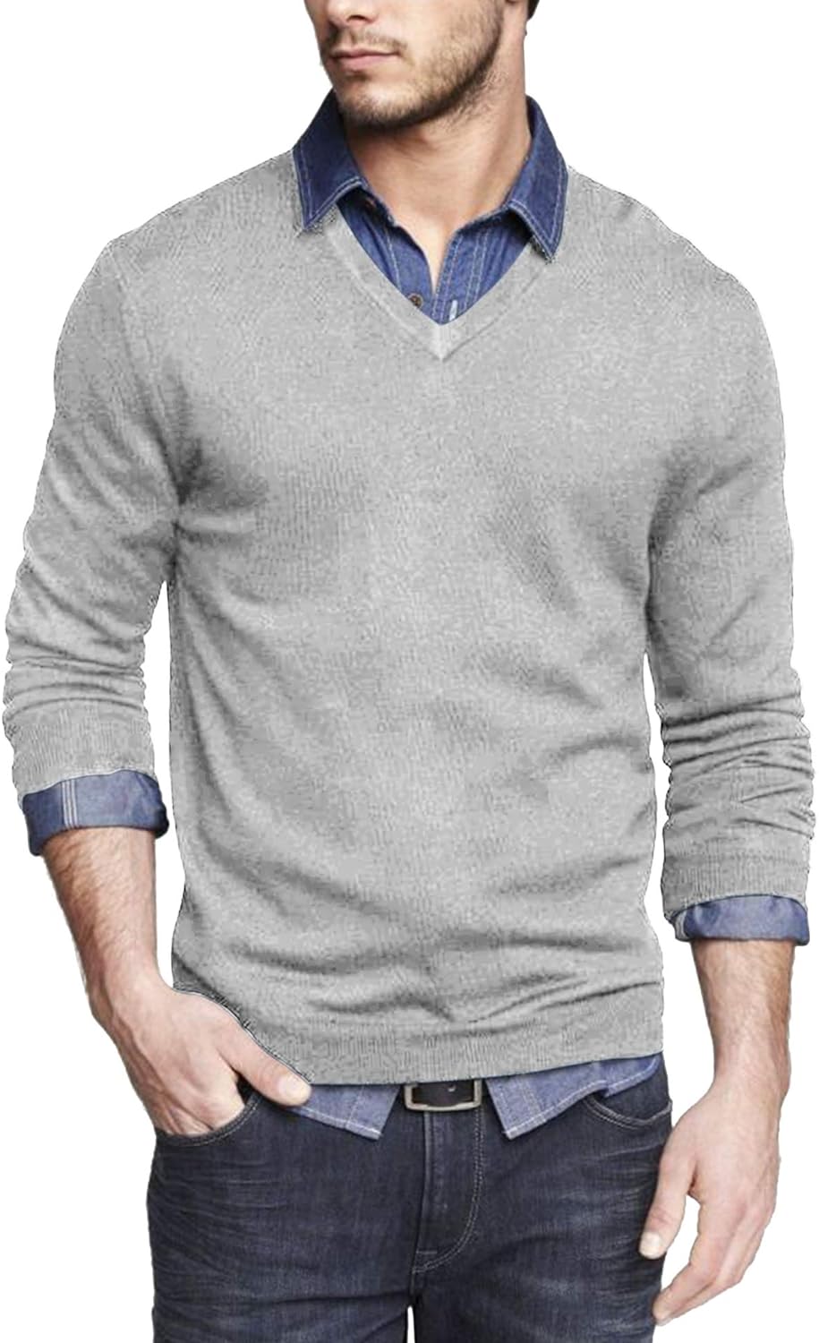 Coofandy Men Casual V Neck Sweater Ribbed Knit Slim Fit Long Sleeve Pullover Top