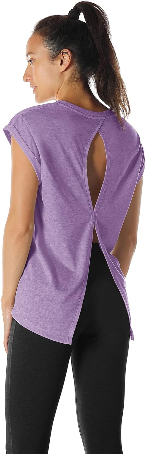 icyzone Open Back Workout Top Shirts - Yoga t-Shirts Activewear Exercise Tops for Women(Pack of 2)